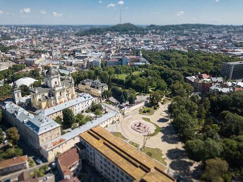 Lviv, Ukraine, panorama, downtown bird's-eye view, the historical part of the city, of drone