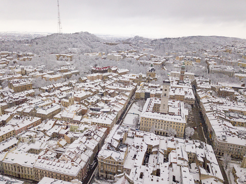 Ukraine, Lviv city center, old architecture, drone photo, bird's eye view in winter