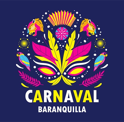 Barranquilla carnival poster. International holiday, traditions and culture. Poster or banner for website, greeting postcard design. Bright feathers and mask. Cartoon flat vector illustration