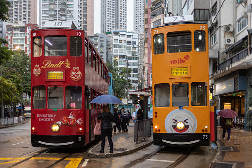 Hong Kong - December 14, 2022 : Happy Valley Tram Terminus in Hong Kong Island, Hong Kong. It provide services to Kennedy Town, Western Market, North Point, Whitty Street, Causeway Bay and Shau Kei Wan.