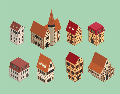 Retro houses Germany. Half-timbered houses. Timber frame buildings, facades of euroframe houses, cottages. Isometric vector illustration.