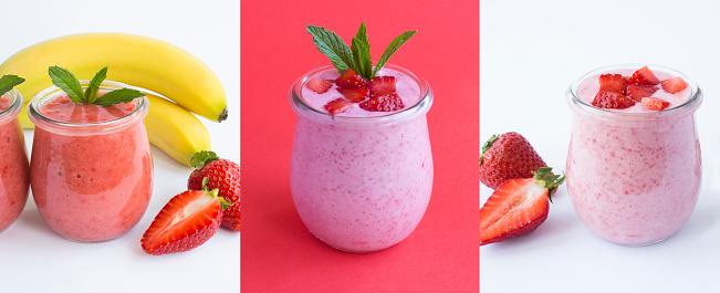 Collage. Smoothie and milk yogurt with strawberry and banana in the glass jar. Close-up.