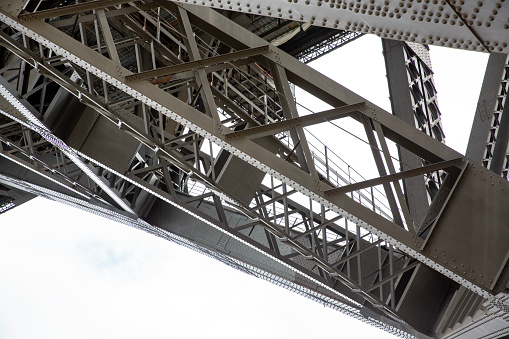 Closeup large complicated bridge steel structure, Sydney Harbour Bridge, background with copy space, full frame horizontal composition