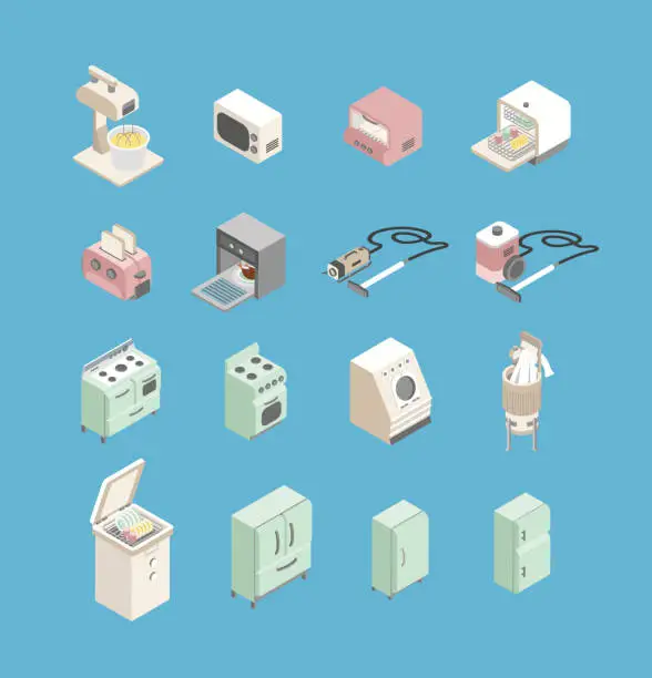 Vector illustration of American Household Appliances of the 50s Isometric Vector