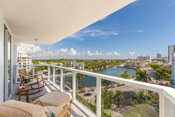 view of balcony in mid-beach in miami beach - apartman stok fotoğraflar ve resimler