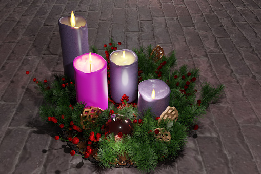 Advent - Christian religion. Christmas wreath with candles and decorations. 3D render illustration.