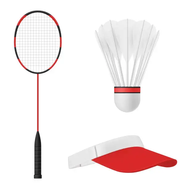 Vector illustration of Badminton tennis equipment set realistic vector fitness baseball racket feather shuttlecock