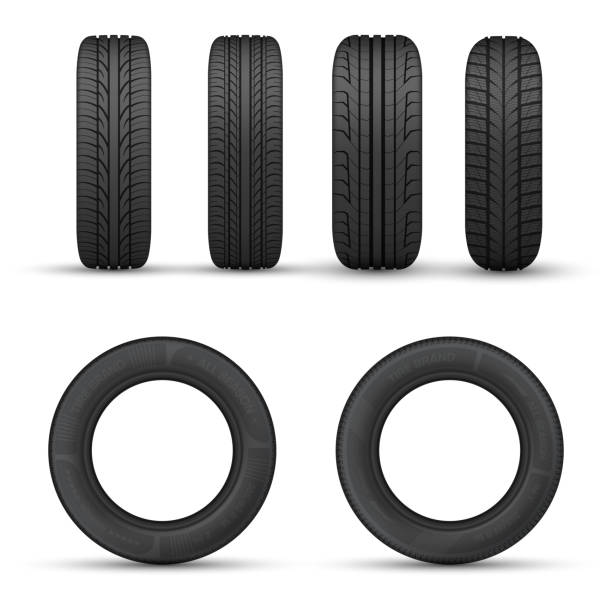 ilustrações de stock, clip art, desenhos animados e ícones de car tires with different tread tracks front side view set realistic vector automobile rubber wheel - car isolated three dimensional shape white background