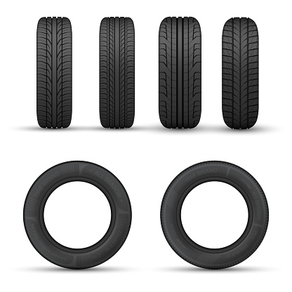 Car tires with different tread tracks front side view set realistic vector illustration. Automobile rubber wheel protector transportation circle trail structure seasonal change automotive speed race