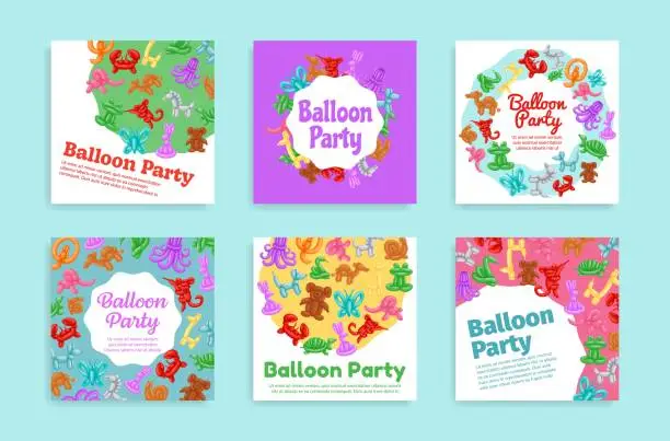 Vector illustration of Balloon animal party social media post set vector illustration. Festive holiday helium long balloons