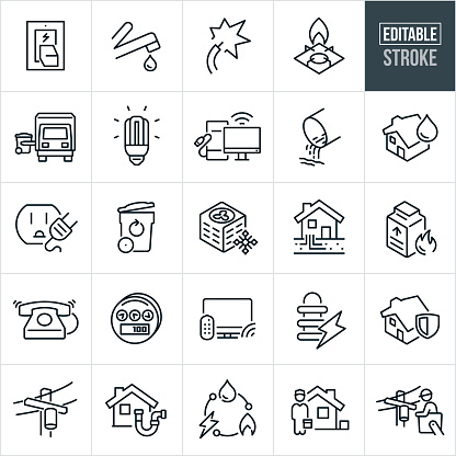 A set of public utilities icons that include editable strokes or outlines using the EPS vector file. The icons include a light switch, faucet with running water, electrical wire with electricity, gas range with flame, garbage truck picking up trash can, light bulb shining with light, computer with internet connectivity, sewer pipe with waste, house with water connection, electrical outlet with electricity, recycle trash can, air conditioner, house with public utility lines, furnace heater, house with electricity connection, utility meter, television with internet connectivity, power transformer, house with security alarm system, overhead power line, house with waste water pipe, water, power, natural gas, utility worker at house and a utility worker working on power line.
