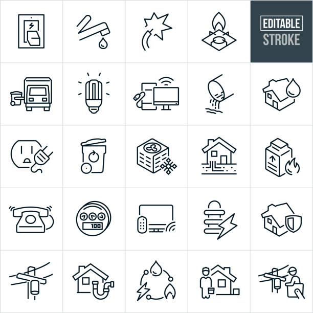 Public Utilities Thin Line Icons - Editable Stroke - Icons Include Public Utilities, Utilities, Power, Electricity, Water, Utility, Natural Gas, Gas, Garbage Pick-Up, Heat, Furnace, Air Conditioner, Public Service, Essential Need, Telephone, Internet, Con A set of public utilities icons that include editable strokes or outlines using the EPS vector file. The icons include a light switch, faucet with running water, electrical wire with electricity, gas range with flame, garbage truck picking up trash can, light bulb shining with light, computer with internet connectivity, sewer pipe with waste, house with water connection, electrical outlet with electricity, recycle trash can, air conditioner, house with public utility lines, furnace heater, house with electricity connection, utility meter, television with internet connectivity, power transformer, house with security alarm system, overhead power line, house with waste water pipe, water, power, natural gas, utility worker at house and a utility worker working on power line. public service icon stock illustrations