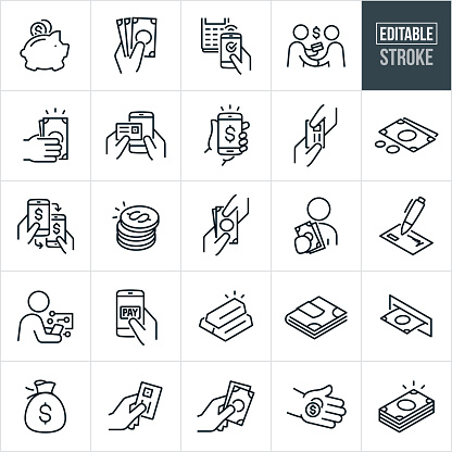 A set of money icons that include editable strokes or outlines using the EPS vector file. The icons include a piggy bank receiving coins, hand holding cash, smartphone being used to tap and make purchase at store, person using a credit card to pay, credit card being used to make an online purchase on smartphone, money on mobile phone, dollar bills, mobile to mobile payment, stack of coins, hand giving another hand cash, person holding out cash, financial check, person using mobile phone to make digital payment, digital currency, paying using a smartphone, gold bars, cash in a money clip, cash from an ATM, bag of money, hand holding a credit card, hand holding out cash, hand holding coins and a stack of cash.