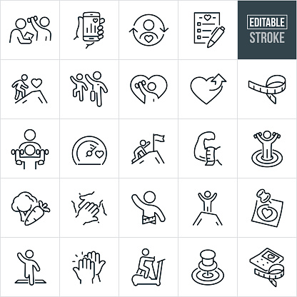 A set of fitness goals icons that include editable strokes or outlines using the EPS vector file. The icons include a personal trainer working with a client on fitness goals by lifting weights, smartphone app tracking health goals, person exercising to achieve fitness results, fitness goals checklist, person climbing a mountain to reach the summit, people exercising in an aerobics class, person lifting a dumbbell with a heart in the background to represent a healthy lifestyle, heart with an upwards arrow to represent health and fitness, tape measure to measure fitness success, personal trainer working with client lifting weights, health goal meter, person crawling up mountain to reach flag at the peak, arm bicep being measured with tape measure, person with dumbbell raised in the bullseye of a target to represent fitness goals, vegetables for healthy eating, hand stack for motivation, person with tape measure around waist and arm raised in excitement over reaching fitness goal, person on top of mountain peak with arms raised in victory, sticky note with heart circled to represent fitness goals, person with arms raised crossing the finish line in a foot race, high five for successfully meeting fitness goals, person exercising on an elliptical machine, push pin in the bulls-eye of a target and a calculator and tape measure to represent fitness goals.