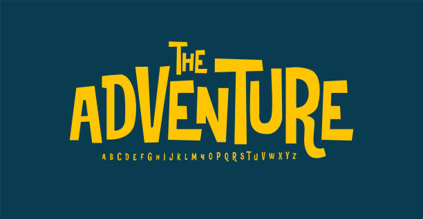 Logo1646 Adventure font modern bouncy typeset, lively friendly alphabet. Playful cheerful letters in Los Muertos Mexican style for menus, labels, signage, ads, crafts and comic book. Vector typographic design. adventure designs stock illustrations