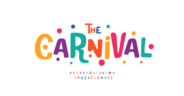 Logo1646 Carnival colorful alphabet, playful letters, funny festival font for bright fiesta logo, Mexican headline, birthday and greeting card typography, thank you phrases. Vector typographic design non western script stock illustrations