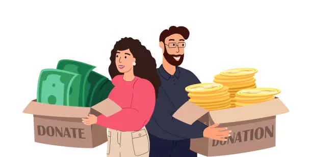Vector illustration of Volunteers Characters Distribute , Donate Money,Gold coins,cash money,finance to Poor People.Charity,support,donation concept.Humanitarian Aid charitable help.Savings,capital,Volunteering,Philanthropy