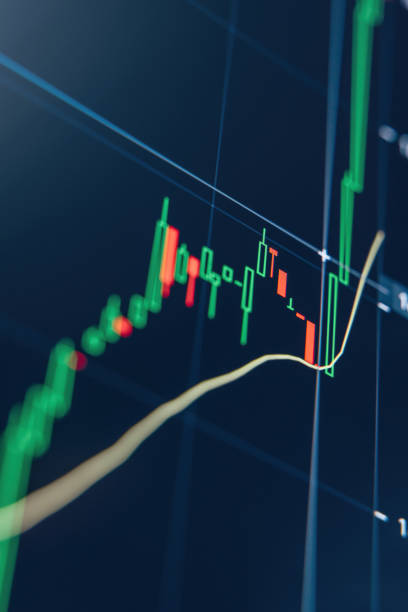 Crypto diagram with green and red candlesticks on blue display. TradingView.