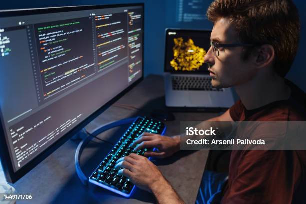 Profile View Of Young Developer Programming At Home Office Writing Code ...