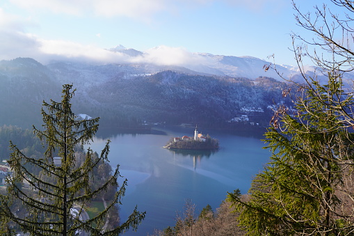 Famous tourist place with island on the middle of the lake and a castle on the cliff