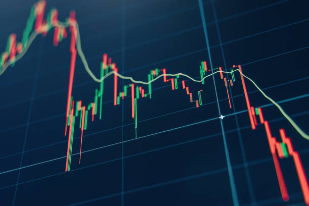 crypto diagram with green and red candlesticks on blue display. tradingview. - trade deficit imagens e fotografias de stock