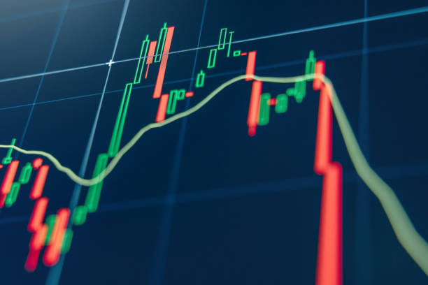 istock Crypto diagram with green and red candlesticks on blue display. TradingView. 1449177136