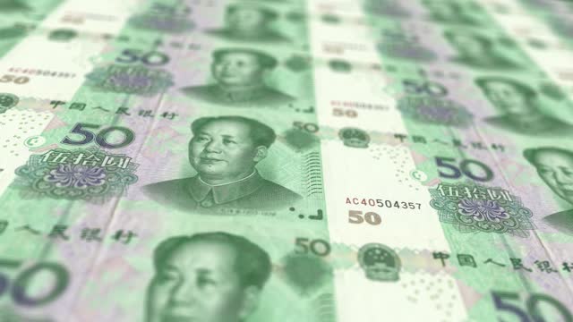 China Yuan or Renminbi Printing Press Machine Prints Current Yuan Banknotes, Seamless Loop, Chinese Money Currency Background, 4K, Depth of Focus stock video