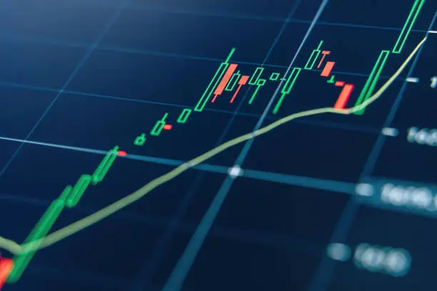 Photo of Crypto diagram with green and red candlesticks on blue display. TradingView.