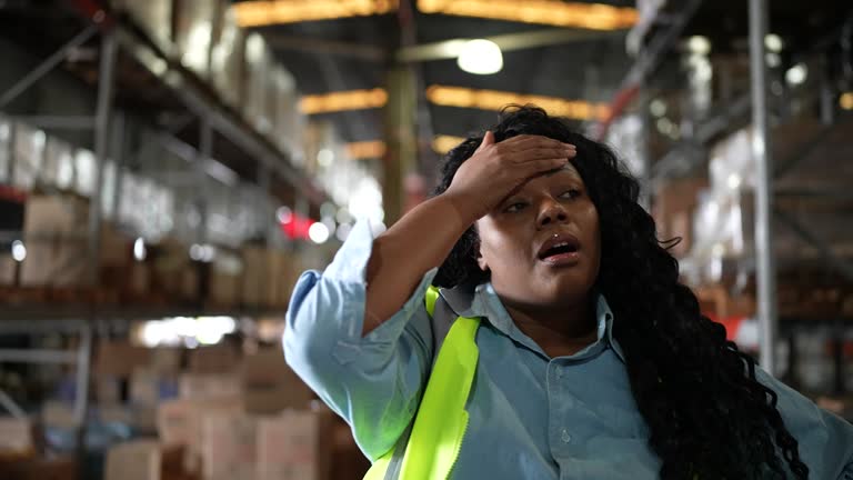 Tired and worried female warehouse worker