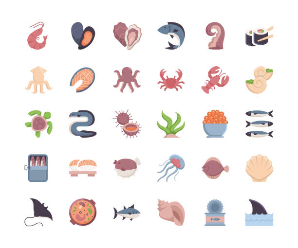 ilustraciones, imágenes clip art, dibujos animados e iconos de stock de iconos de diseño de seafood flat. - fish seafood lobster salmon