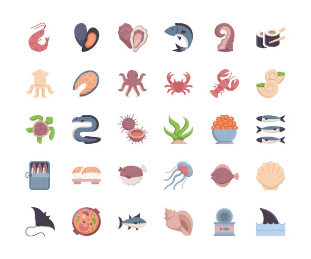 ilustrações de stock, clip art, desenhos animados e ícones de seafood flat design icons. - fish seafood lobster salmon