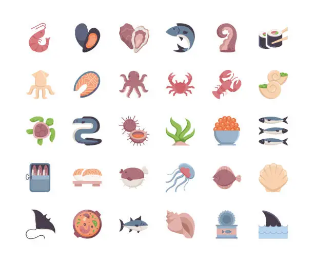 Vector illustration of Seafood Flat Design Icons.