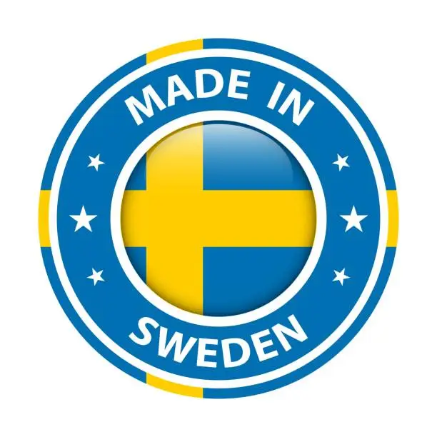 Vector illustration of Made in Sweden badge vector. Sticker with stars and national flag. Sign isolated on white background.