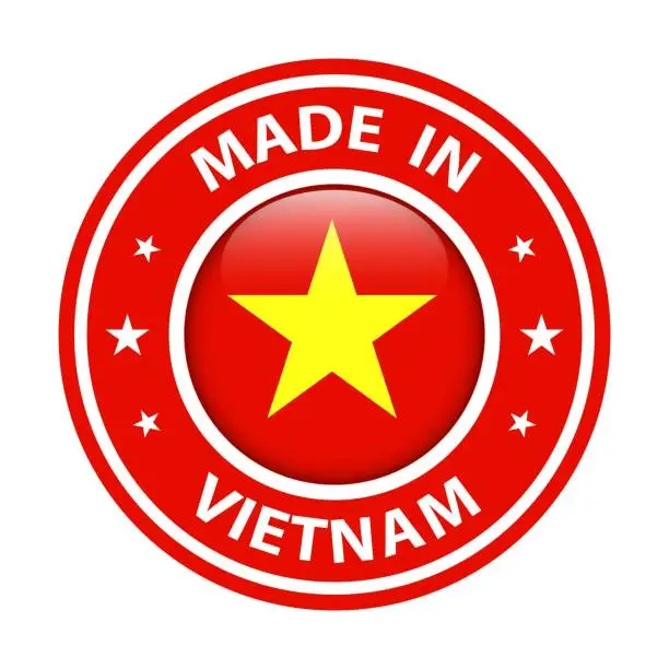 Vector illustration of Made in Vietnam badge vector. Sticker with stars and national flag. Sign isolated on white background.