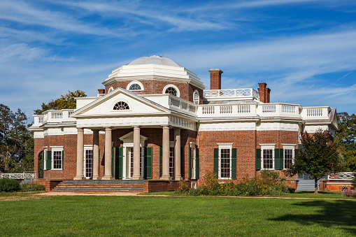 Charlottesville, VA USA - October 6, 2015: Mansion of US President and Founding Father Thomas Jefferson on his estate at Monticello