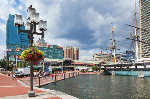 Baltimore, MD USA - July 14, 2011: Shops, restaurants and museum and tourist attractions at the Baltimore Inner Harbor