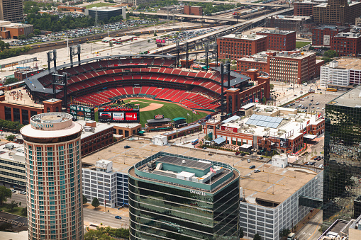 St. Louis, MO USA - June 30, 2014: Aerial view of downtown St. Louis with Busch Stadium, home of the St. Louis Cardinals baseball team, in the center