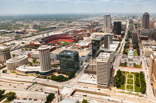 St. Louis, MO USA - June 30, 2014: Aerial view of downtown St. Louis, with the Old Courthouse, Busch Stadium, office buildings and hotels