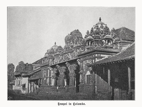 Historical view of an ancient Hindu temple in Colombo, Ceylon (Sri Lanka). Halftone print after a photograph, published in 1899.