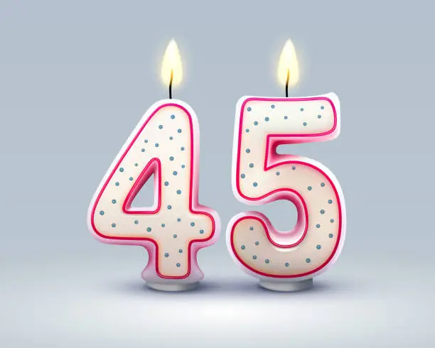 Vector illustration of Happy Birthday years. 45 anniversary of the birthday, Candle in the form of numbers. Vector