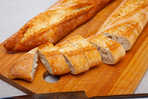 Image of cut crunchy homemade baked fresh baguettes