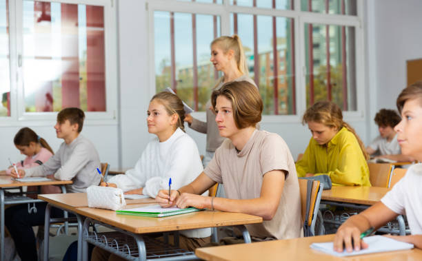 istock Teenagers sitting at desks in classroom during lesson 1449192070