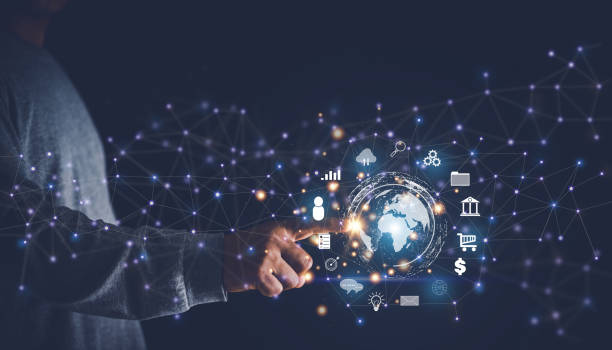 istock Business global internet connection application technology and digital marketing. Human finger point virtual global internet connection metaverse. Financial and banking, Digital link tech, big data. 1449192799