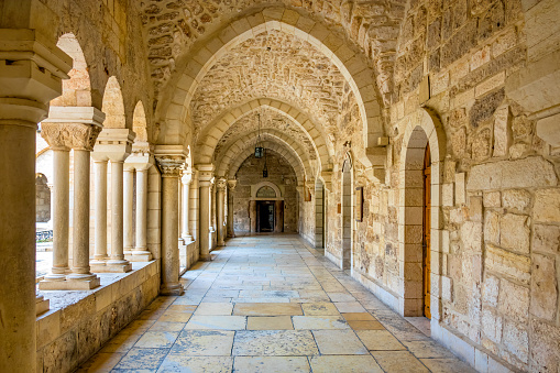 The medieval cloister of the Church of Saint Catherine in Bethlehem, Palestine, Israel. Adjacent to the Church of the Nativity it is a UNESCO World Heritage Site as part of the Pilgrimage Route in Bethlehem.