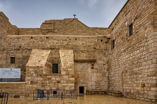 Outside view at the tower of Church of the Nativity in Bethlehem, Palestine, Israel.