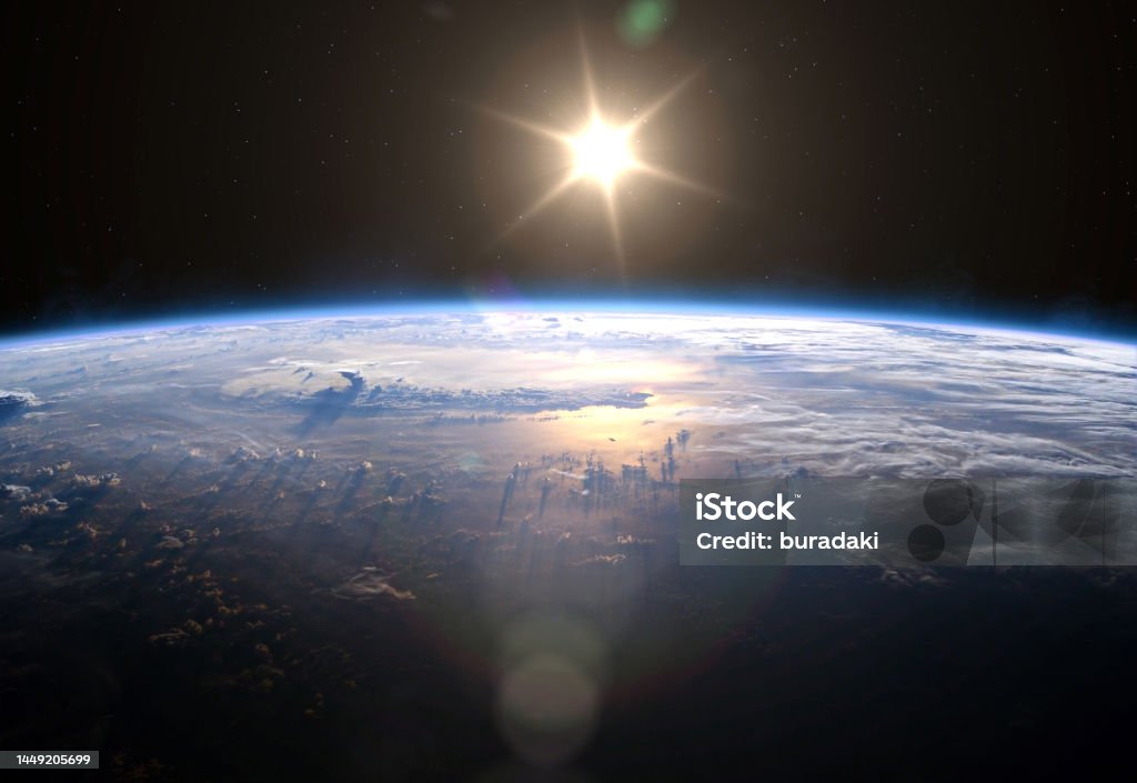 Planet Earth and Sun.. Earth, Sun and Space. Planet Earth with sunrise in the space. Elements of this image furnished by NASA. ______ Url(s): https://images.nasa.gov/details-iss007e10807 Planet Earth Stock Photo