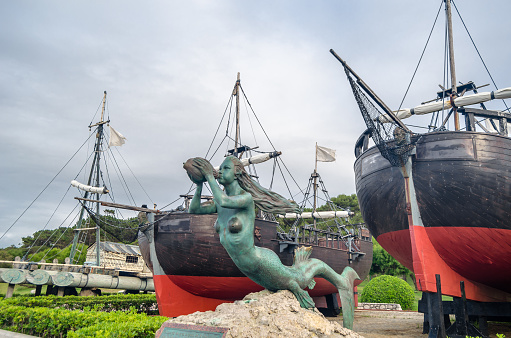 Santander, Spain - July 9, 2021: The Man and the Sea Museum in Santander, Cantabria, northern Spain, an open-air museum, consisting of three galleons and the statue of a mermaid