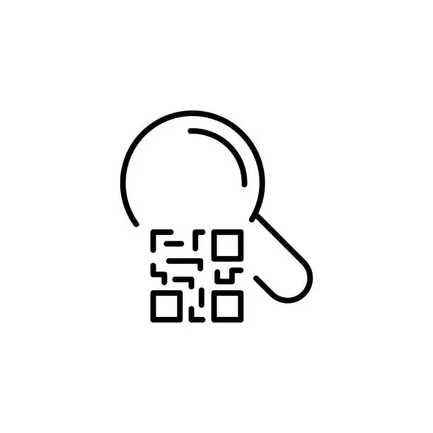 Vector illustration of QRCode line icon. Data, database, search, magnifying glass, data encryption, encoding, technology, marking, commodity-codify. Data encryption concept. Vector black line icon on a white background