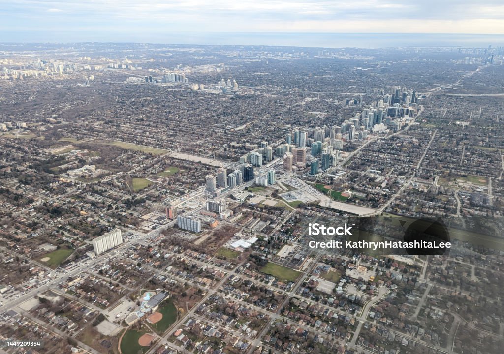 Aerial View of North York, Ontario, Canada High angle view of North York in the Greater Toronto Area. Modern residential and office buildings line Yonge Street between the green belt of the Finch Hydro Corridor. Autumn afternoon. Aerial View Stock Photo