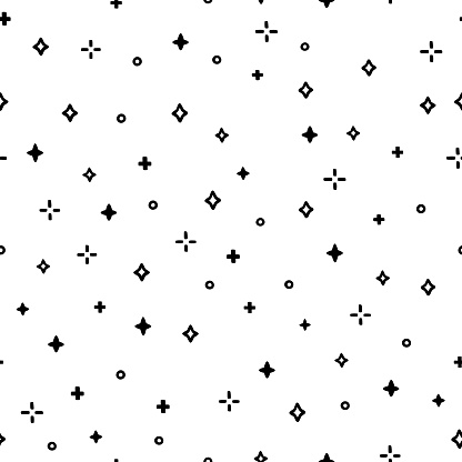 Vector illustration of black sparkles in a repeating pattern against a white background.